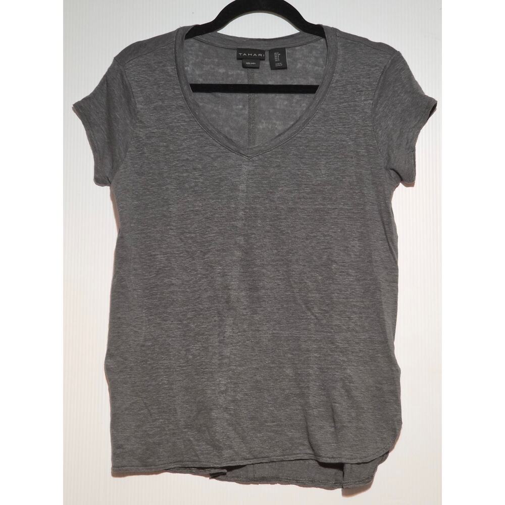 S Tahari Gray 100% Linen V-Neck Tee Short Sleeve Lightweight Resort Casual - Picture 3 of 6